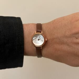 Y2K Rose Gold Brown Leather Quartz Watch Dainty Minimal Unisex 8.5" New